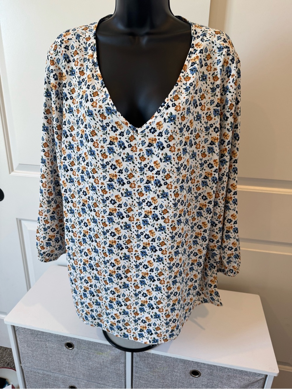 Mario Serrani V-Neck Floral Tunic Blouse - Blue & Mustard